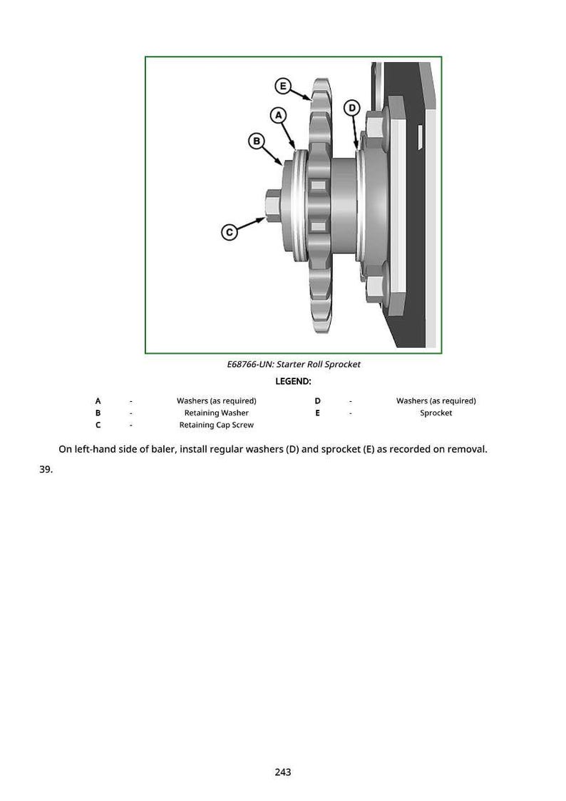 May include: Diagram of a starter roll sprocket assembly, labeled with letters A through E. Includes a retaining cap screw, retaining washer, and washers. Text reads "E68766-UN: Starter Roll Sprocket" and instructions for installation.