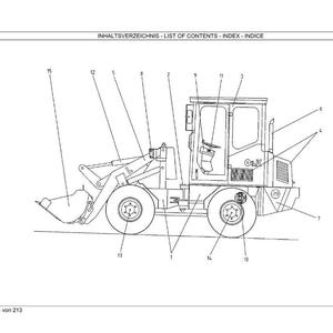 May include: Line drawing of a small construction vehicle, likely a loader or backhoe, with numbered parts. The vehicle has a cab, wheels, and a front bucket. The text at the top reads "LIST OF CONTENTS - INDEX - INDICE".