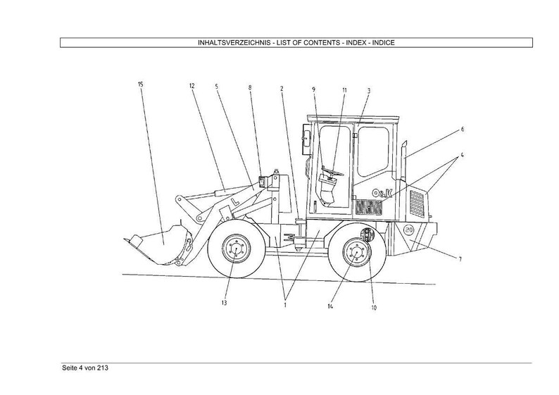 May include: Line drawing of a small construction vehicle, likely a loader or backhoe, with numbered parts. The vehicle has a cab, wheels, and a front bucket. The text at the top reads "LIST OF CONTENTS - INDEX - INDICE".