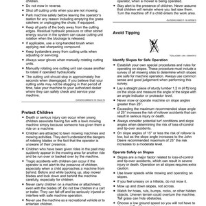 Może przedstawiać: Instrukcje bezpieczeństwa dla kosiarek do trawy, w tym ostrzeżenia dotyczące dzieci, koszenia na wstecznym biegu i przewracania się. Zawiera wytyczne dotyczące bezpiecznej pracy na zboczach, podkreślając ocenę kąt&oacute;w i ostrożność.