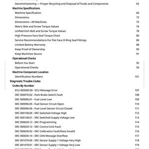 May include: A white page from a manual with a table of contents and diagnostic trouble codes. The text includes "Machine Specifications," "Operational Checks," and various error codes with corresponding numbers.