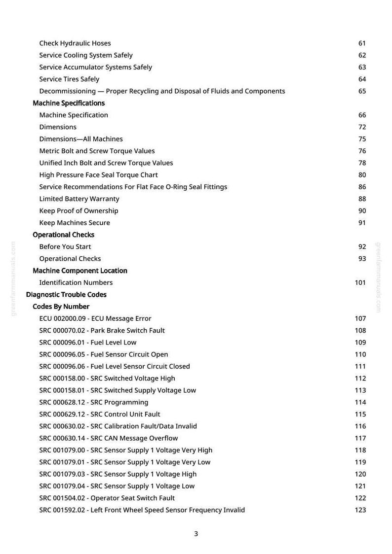 May include: A white page from a manual with a table of contents and diagnostic trouble codes. The text includes "Machine Specifications," "Operational Checks," and various error codes with corresponding numbers.