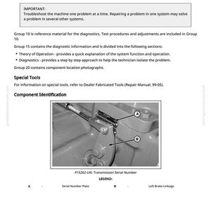 May include: A page from a repair manual titled "Power Train Transmission General Information." The image includes text about diagnostics, special tools, and component identification, along with a diagram of a transmission part.
