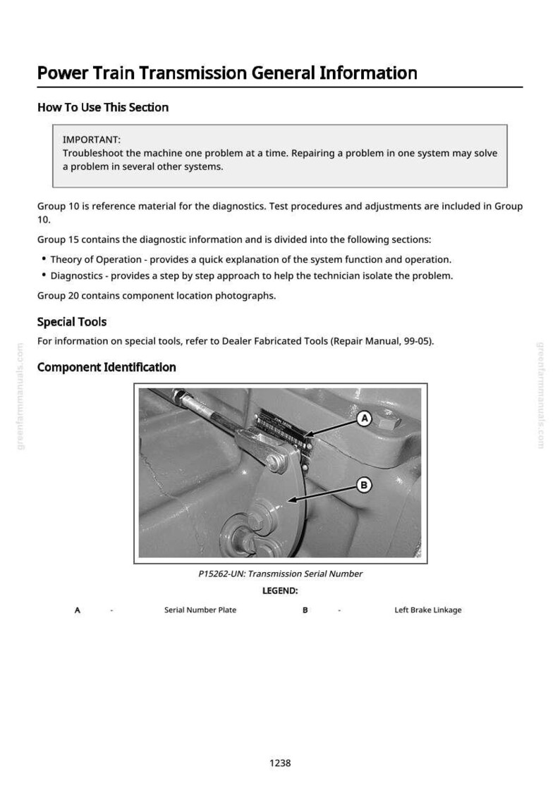 May include: A page from a repair manual titled "Power Train Transmission General Information." The image includes text about diagnostics, special tools, and component identification, along with a diagram of a transmission part.