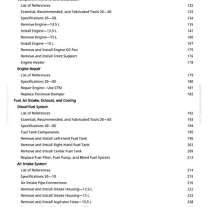 May include: A detailed table of contents from a greenfarmmanuals.com manual, listing engine repair and fuel system procedures. Includes specifications, removal, and installation instructions for various components.
