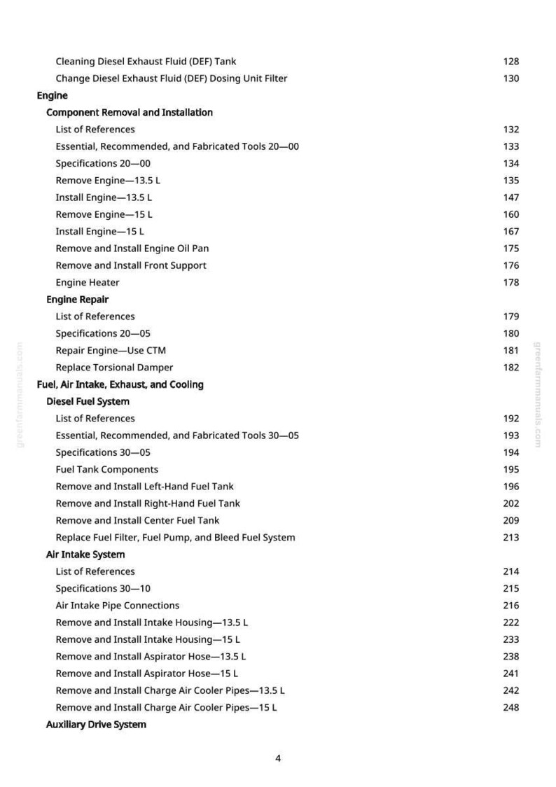 May include: A detailed table of contents from a greenfarmmanuals.com manual, listing engine repair and fuel system procedures. Includes specifications, removal, and installation instructions for various components.