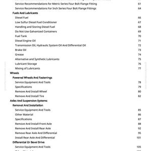 May include: A manual page with a list of contents, including fuels, lubricants, wheels, and axles. Page numbers are on the right. Measurements are in metric.