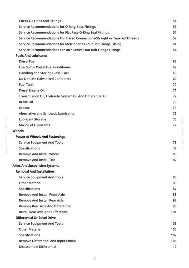 May include: A manual page with a list of contents, including fuels, lubricants, wheels, and axles. Page numbers are on the right. Measurements are in metric.