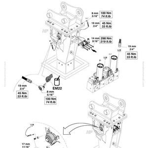 K&ouml;nnte beinhalten: Technische Zeichnung eines Komatsu-Hydraulikhammers, JMHB1270V-1, mit detaillierten Schemata und Ma&szlig;en. Enth&auml;lt Abmessungen wie 8 mm und 19 mm sowie Drehmomentangaben in ft.lb und Nm.
