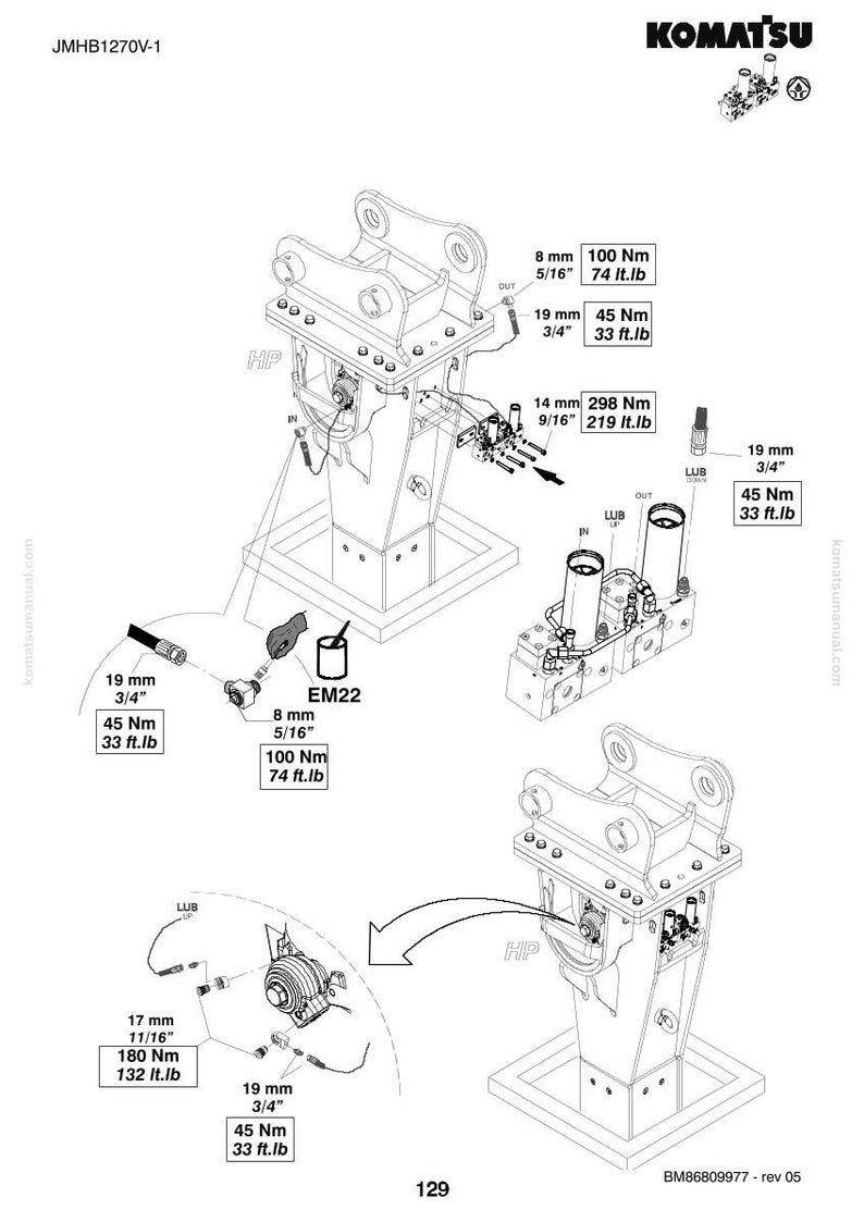 K&ouml;nnte beinhalten: Technische Zeichnung eines Komatsu-Hydraulikhammers, JMHB1270V-1, mit detaillierten Schemata und Ma&szlig;en. Enth&auml;lt Abmessungen wie 8 mm und 19 mm sowie Drehmomentangaben in ft.lb und Nm.