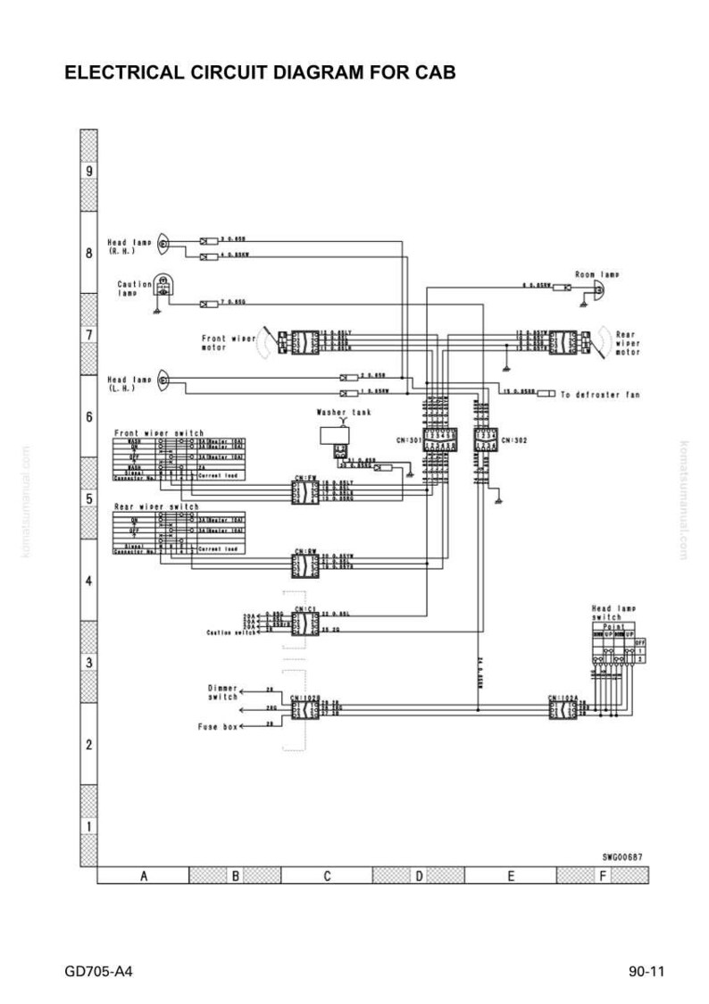 Pu&ograve; includere: Schema elettrico per una cabina, con componenti etichettati come fari, motore tergicristallo anteriore e interruttore dimmer. Lo schema include una scatola fusibili e vari connettori.