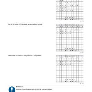 May include: A technical diagram with text in French, detailing electronic settings and diagnostics. The document includes tables with options like Engine, HML, and Alarm, and instructions for use.