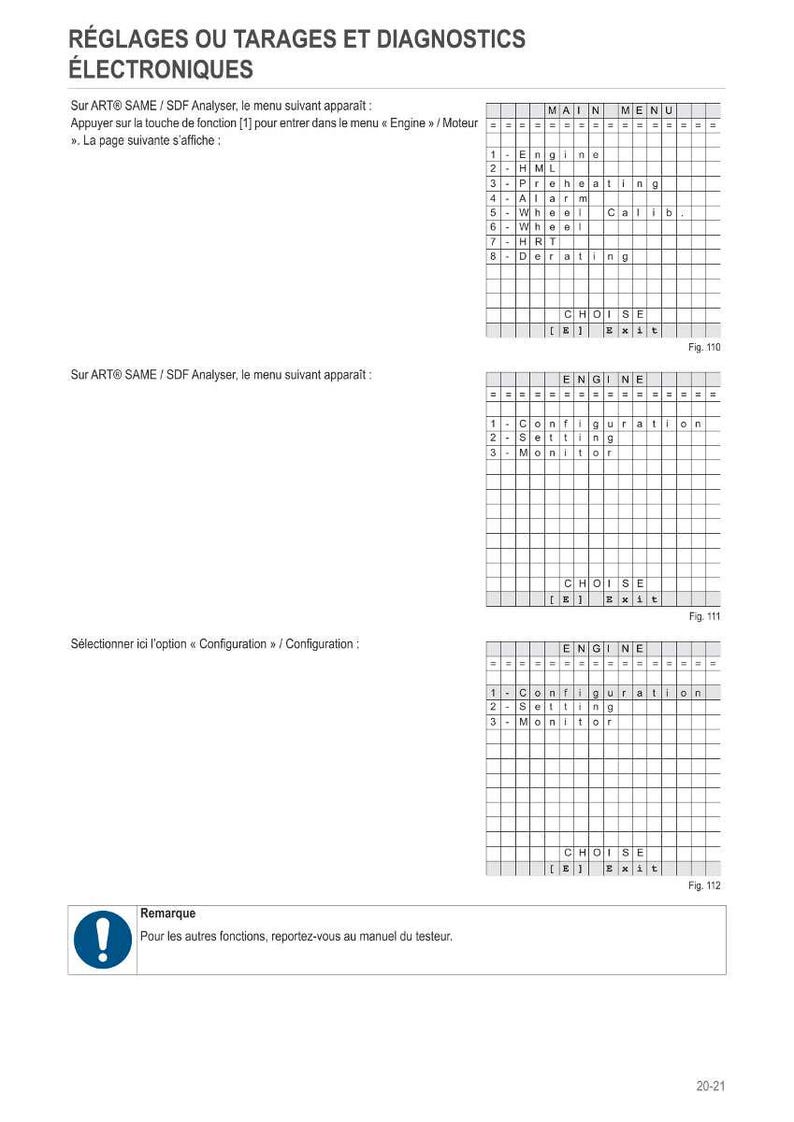 May include: A technical diagram with text in French, detailing electronic settings and diagnostics. The document includes tables with options like Engine, HML, and Alarm, and instructions for use.