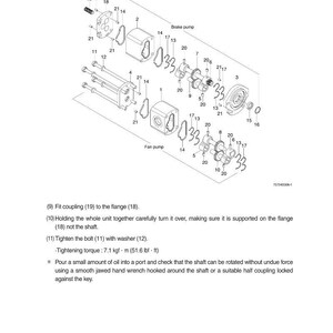 Puede incluir: Un diagrama expl&iacute;cito de componentes mec&aacute;nicos, que incluye una bomba de freno y una bomba de ventilador. La imagen muestra varias piezas etiquetadas con n&uacute;meros, incluidos pernos, arandelas y acoplamientos. El texto incluye instrucciones de montaje y especificaciones de par de apriete.