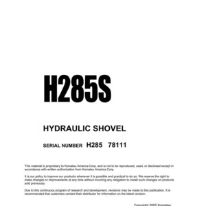 Puede incluir: Documento blanco titulado "Electrical Diagram" con el texto "H285S" y "HYDRAULIC SHOVEL". Incluye el n&uacute;mero de serie H285 78111 e informaci&oacute;n de derechos de autor de Komatsu America Corp. Con fecha de marzo de 2005.