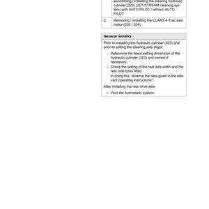 May include: A CLAAS technical diagram showing details for the 5.2 Rear drive axle. The document includes headings for axle overview, hydraulic cylinder installation, and motor removal. General remarks and instructions are provided.