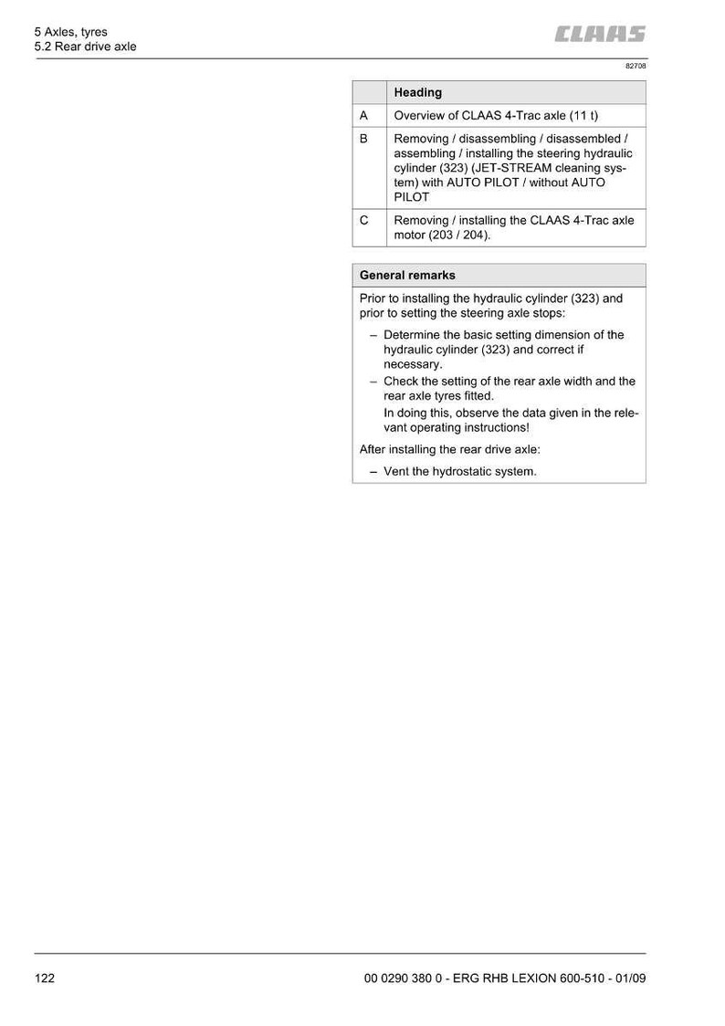 May include: A CLAAS technical diagram showing details for the 5.2 Rear drive axle. The document includes headings for axle overview, hydraulic cylinder installation, and motor removal. General remarks and instructions are provided.