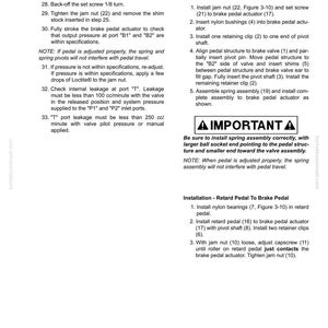 May include: A page from a manual detailing brake circuit component service. Instructions include installing a brake pedal actuator assembly to a brake valve and retard pedal to a brake pedal. The page includes diagrams and safety warnings.