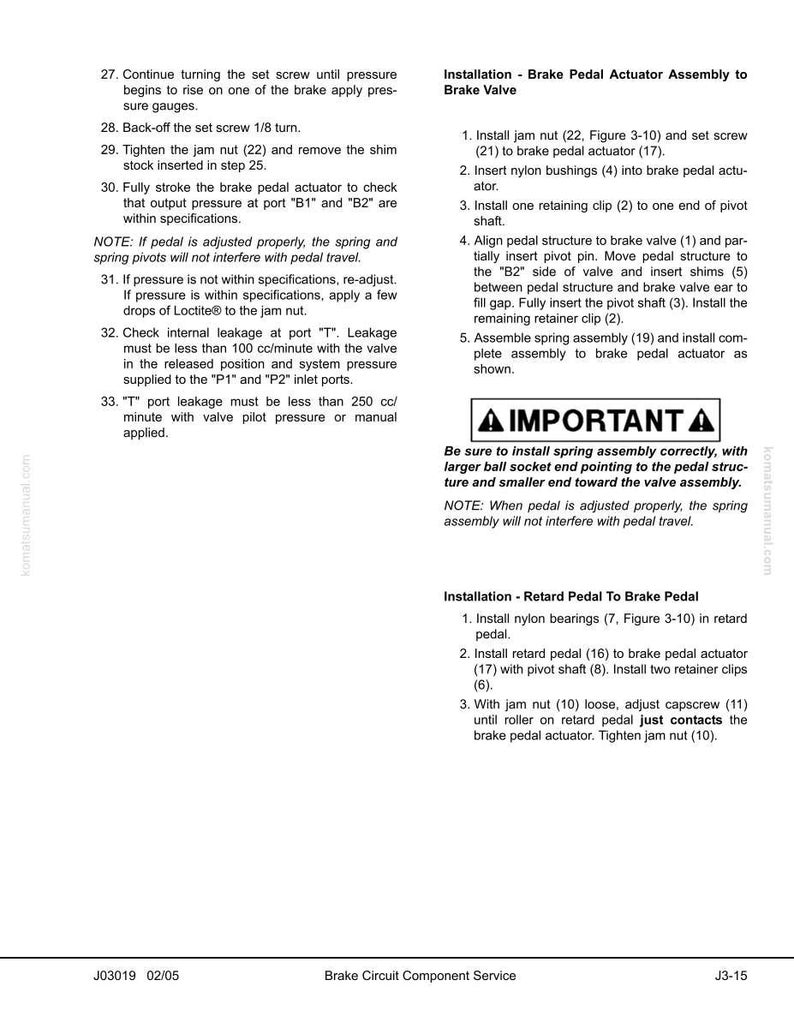May include: A page from a manual detailing brake circuit component service. Instructions include installing a brake pedal actuator assembly to a brake valve and retard pedal to a brake pedal. The page includes diagrams and safety warnings.