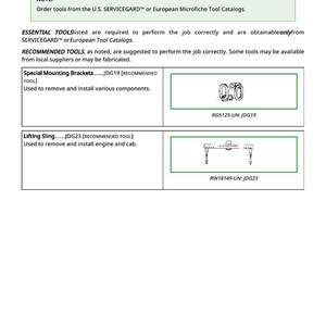 May include: A page titled "Essential or Recommended Tools" with text and diagrams. The text includes notes about ordering tools from catalogs. Diagrams show Special Mounting Brackets and a Lifting Sling, with part numbers.