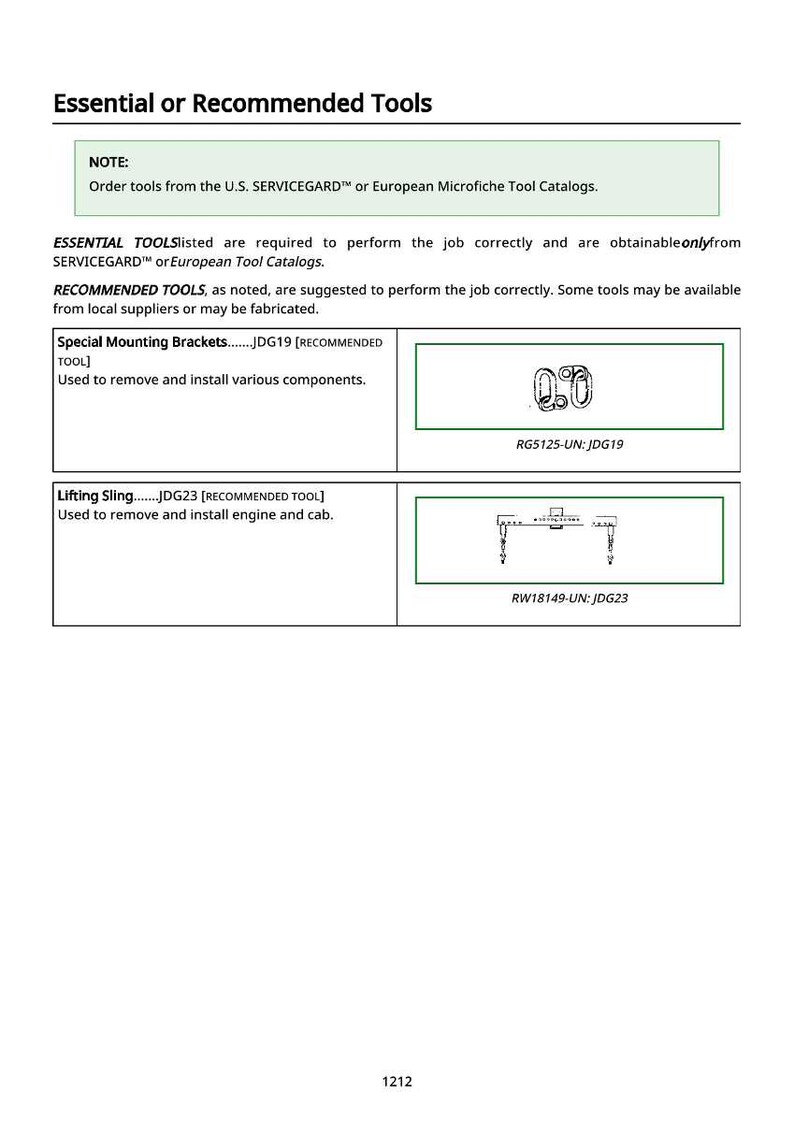 May include: A page titled "Essential or Recommended Tools" with text and diagrams. The text includes notes about ordering tools from catalogs. Diagrams show Special Mounting Brackets and a Lifting Sling, with part numbers.