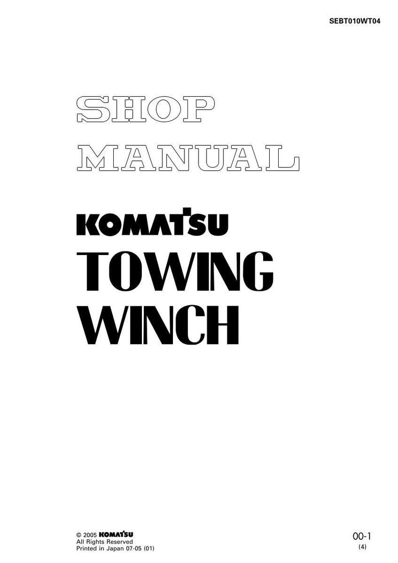 Puede incluir: Una p&aacute;gina blanca con las palabras "SHOP MANUAL" en fuente delineada. Debajo, el texto "KOMATSU TOWING WINCH" est&aacute; en negrita, letras negras. El documento est&aacute; etiquetado SEBT010WT04 e incluye informaci&oacute;n de derechos de autor.