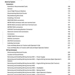 Pu&ograve; includere: Una pagina di manuale con un sommario per la riparazione di trattori. I titoli includono Impianto di scarico, Impianto elettrico, Connettori e Cablaggi. I numeri di pagina sono a destra.