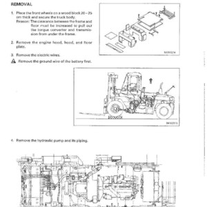 May include: Diagram of torque converter and transmission removal instructions. Includes illustrations of a forklift and its components, along with step-by-step instructions. The text includes measurements in centimeters.