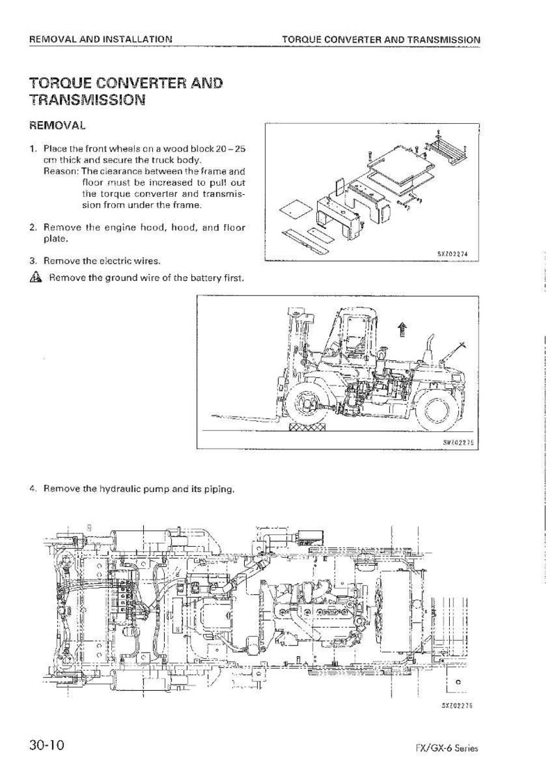 May include: Diagram of torque converter and transmission removal instructions. Includes illustrations of a forklift and its components, along with step-by-step instructions. The text includes measurements in centimeters.