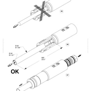 May include: Technical diagram of mechanical components, including cylindrical parts and a long rod. Dimensions are provided in inches: 1.57", 1.96", and 23.6". The word "OK" is displayed. The diagram is labeled with numbers and the Komatsu logo.