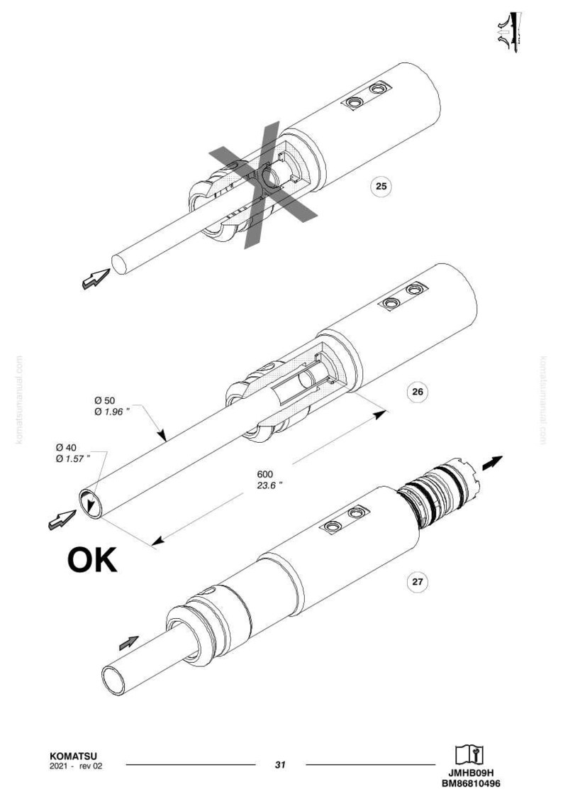 May include: Technical diagram of mechanical components, including cylindrical parts and a long rod. Dimensions are provided in inches: 1.57", 1.96", and 23.6". The word "OK" is displayed. The diagram is labeled with numbers and the Komatsu logo.
