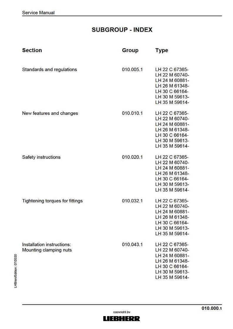 May include: A service manual index titled "SUBGROUP - INDEX" with sections for standards, new features, safety, tightening torques, and installation instructions. Includes model numbers like LH 22 C 67365- and LH 35 M 59614-.