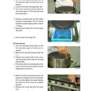 May include: An instructional manual page with step-by-step instructions for lubricating oil extraction and cover removal. The images show hands working on machinery, with text and diagrams detailing the process.
