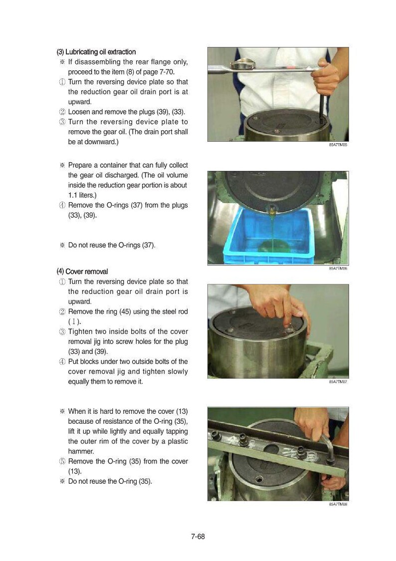 May include: An instructional manual page with step-by-step instructions for lubricating oil extraction and cover removal. The images show hands working on machinery, with text and diagrams detailing the process.