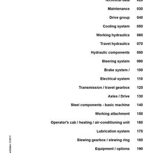 K&ouml;nnte beinhalten: Eine wei&szlig;e Servicemanual-Seite mit einer Liste von Themen und entsprechenden Nummern. Zu den Themen geh&ouml;ren Einf&uuml;hrung, Technische Daten, Wartung, Antriebsgruppe, K&uuml;hlsystem, Arbeitshydraulik und mehr. Das Liebherr-Logo befindet sich unten.