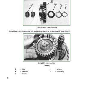 May include: Diagram of gear assembly components, including gears, bearings, washers, and snap-rings. The image includes text instructions for installation and a legend identifying each part.