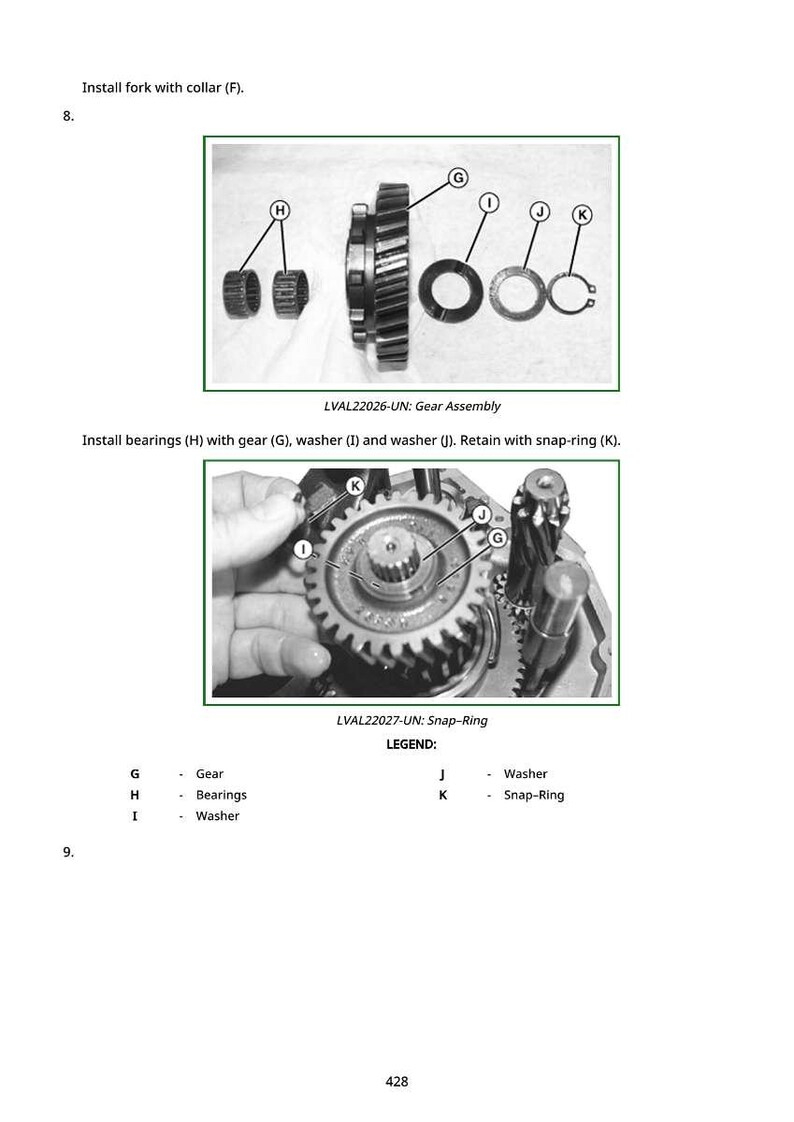 May include: Diagram of gear assembly components, including gears, bearings, washers, and snap-rings. The image includes text instructions for installation and a legend identifying each part.