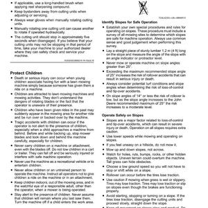 May include: A safety manual page with the title "Safety" and subheadings like "Protect Children" and "Avoid Tipping." The text provides instructions on safe lawnmower operation, including slope guidelines and child safety precautions.