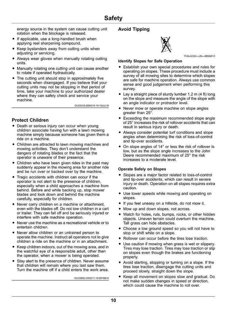 May include: A safety manual page with the title "Safety" and subheadings like "Protect Children" and "Avoid Tipping." The text provides instructions on safe lawnmower operation, including slope guidelines and child safety precautions.