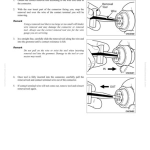 K&ouml;nnte beinhalten: Diagramm zur Demontage und Montage eines Steckers, insbesondere zum Entfernen des Kontaktanschlusses (Typ HD30). Das Bild zeigt die Schritte zum Entfernen eines Drahtes aus einem Stecker mit einem Ausbauwerkzeug. Der Text enth&auml;lt Anweisungen und Warnungen.