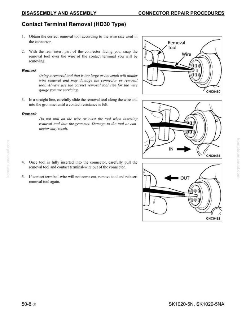 K&ouml;nnte beinhalten: Diagramm zur Demontage und Montage eines Steckers, insbesondere zum Entfernen des Kontaktanschlusses (Typ HD30). Das Bild zeigt die Schritte zum Entfernen eines Drahtes aus einem Stecker mit einem Ausbauwerkzeug. Der Text enth&auml;lt Anweisungen und Warnungen.