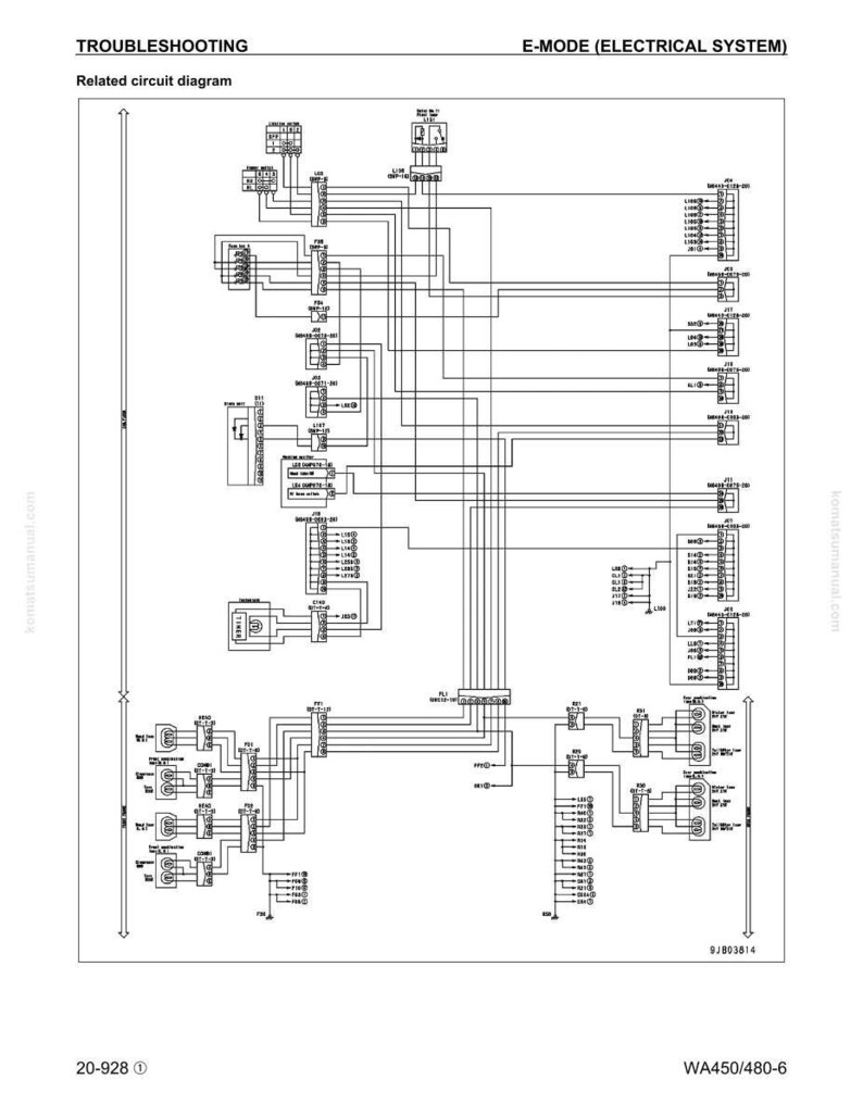 May include: A detailed electrical circuit diagram for the E-MODE system, labeled "Troubleshooting." The diagram features numerous interconnected components, lines, and text labels. The document includes the text "Related circuit diagram" and the numbers "20-928" and "WA450/480-6."