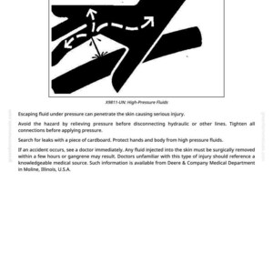 May include: Black and white illustration warning about high-pressure fluids. The image shows a hand with arrows indicating fluid flow and potential injury. Text reads "Avoid High-Pressure Fluids."