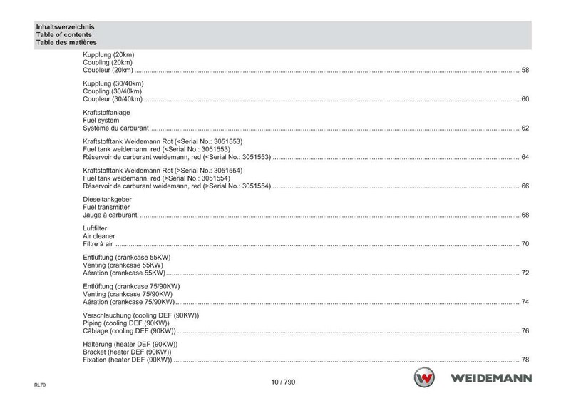 May include: A page from a manual with a table of contents in German, English, and French. The table lists various components like couplings, fuel systems, and air cleaners. The Weidemann logo is at the bottom.