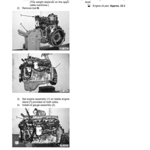 May include: Diagram of engine disassembly and assembly steps. Includes images of the engine assembly, with labels and instructions. Text indicates engine assembly weight is approximately 520 kg.
