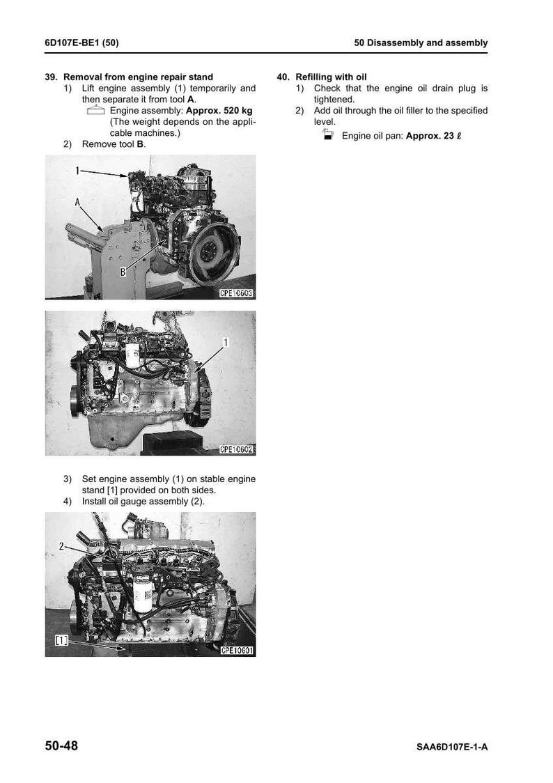 May include: Diagram of engine disassembly and assembly steps. Includes images of the engine assembly, with labels and instructions. Text indicates engine assembly weight is approximately 520 kg.