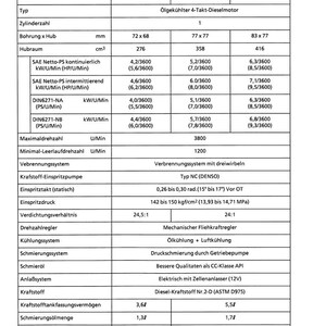 May include: A technical specifications chart with the title "TECHNISCHE MERKMALE" and model numbers OC60, OC80, and OC95. The chart details engine specifications, including bore, stroke, displacement, power output, and fuel capacity. The chart is in German.