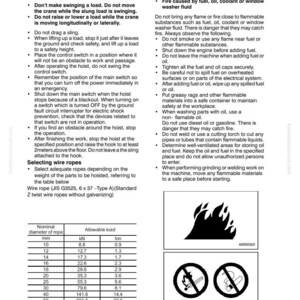 Op de afbeelding: Een Komatsu handleiding pagina met veiligheidsinstructies en specificaties voor staalkabels. Bevat een tabel met nominale kabeldiameters in mm en toelaatbare belastingen in ton. Bevat ook brandpreventiemaatregelen en waarschuwingssymbolen.