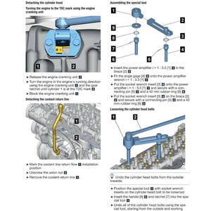 May include: Diagram from a repair manual showing engine components and assembly instructions. Includes labeled parts, diagrams, and text instructions for detaching the cylinder head, assembling tools, and loosening bolts.