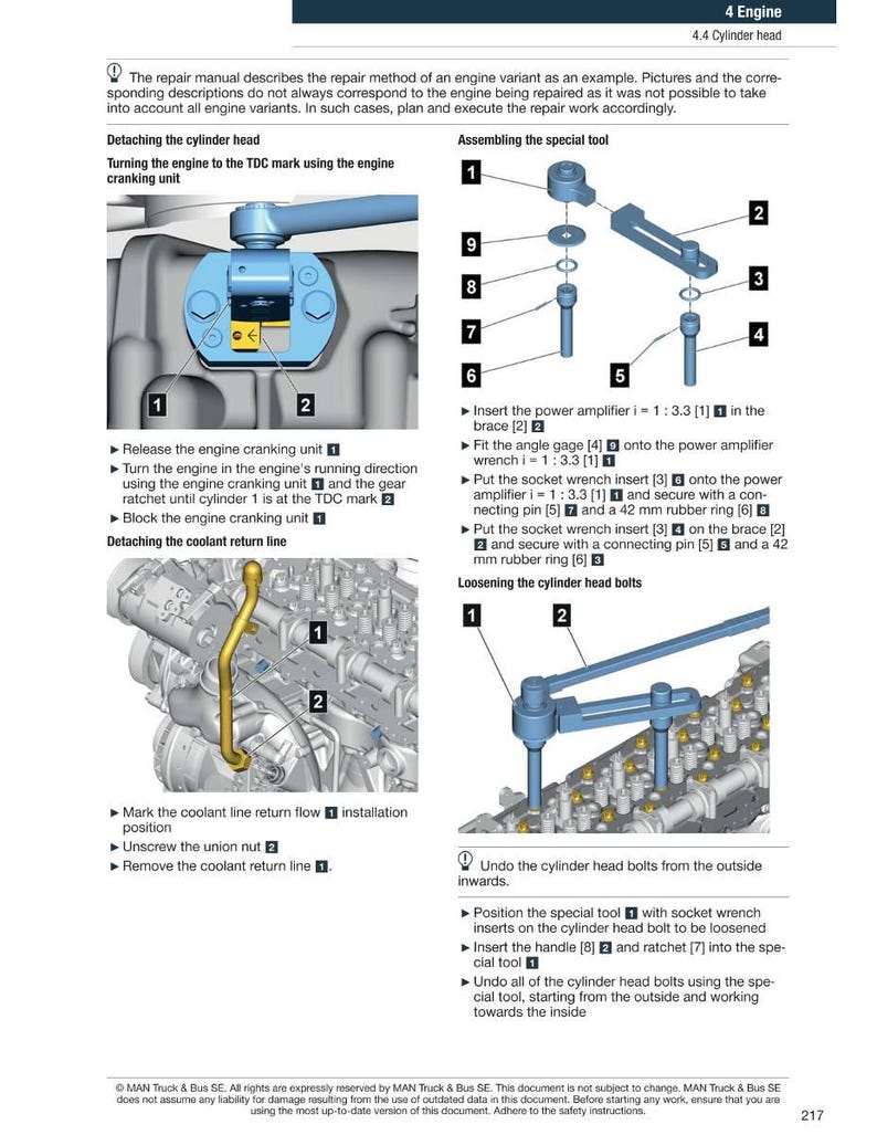 May include: Diagram from a repair manual showing engine components and assembly instructions. Includes labeled parts, diagrams, and text instructions for detaching the cylinder head, assembling tools, and loosening bolts.